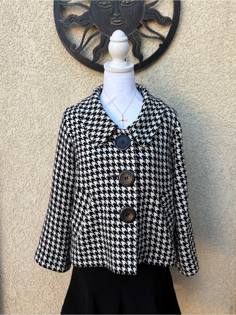 Lapis Houndstooth Button Up Cropped Jacket Y2K Preppy Glam